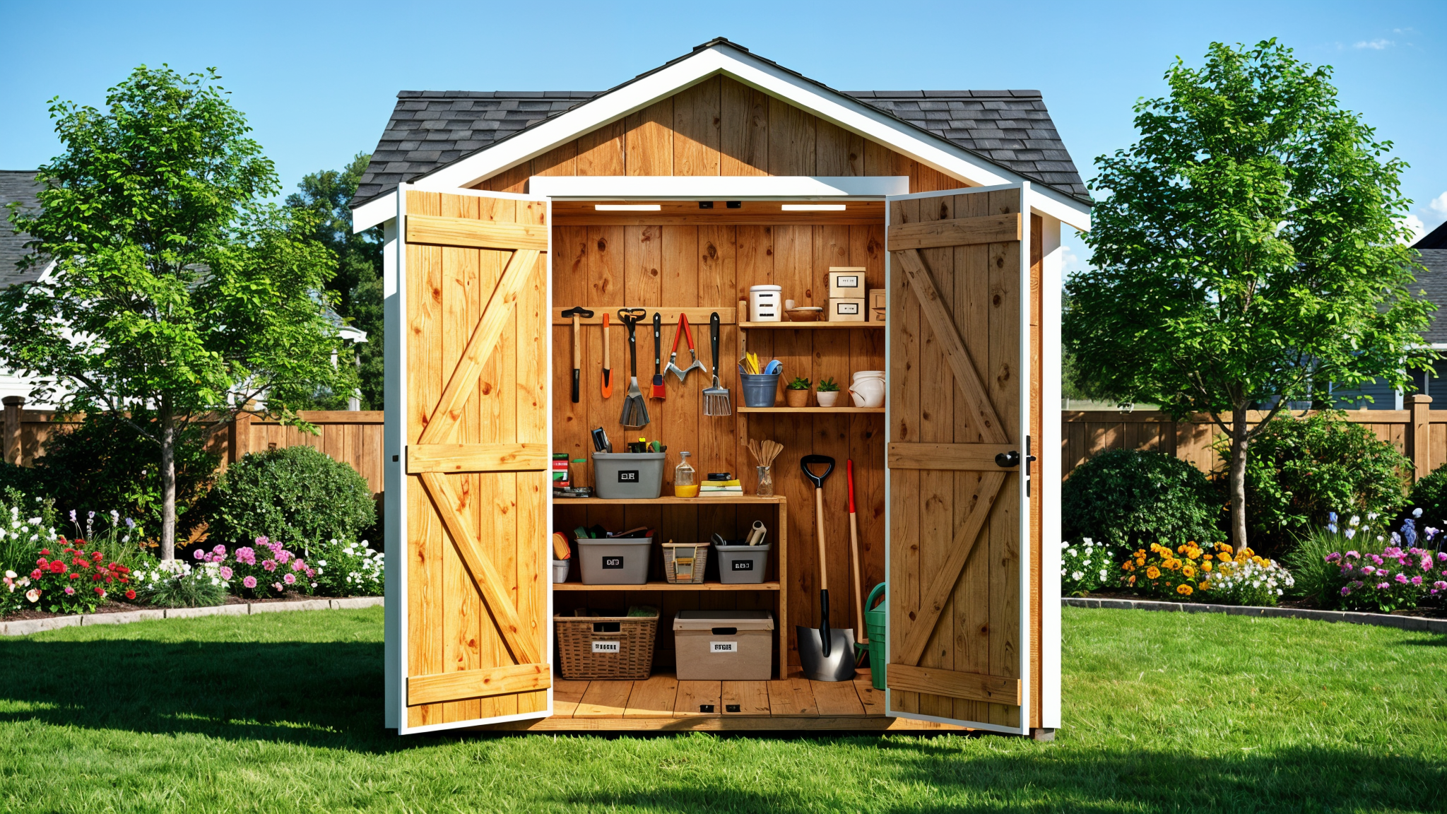 Wooden storage shed in backyard with organized interior showing shelves and tools