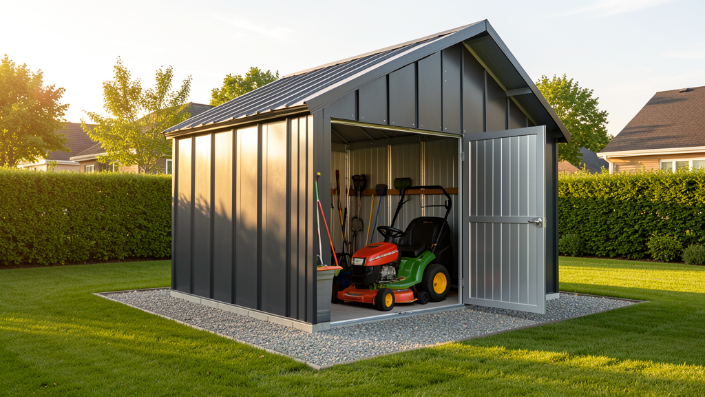 6x4 metal storage shed in a backyard with double doors open showing garden tools inside