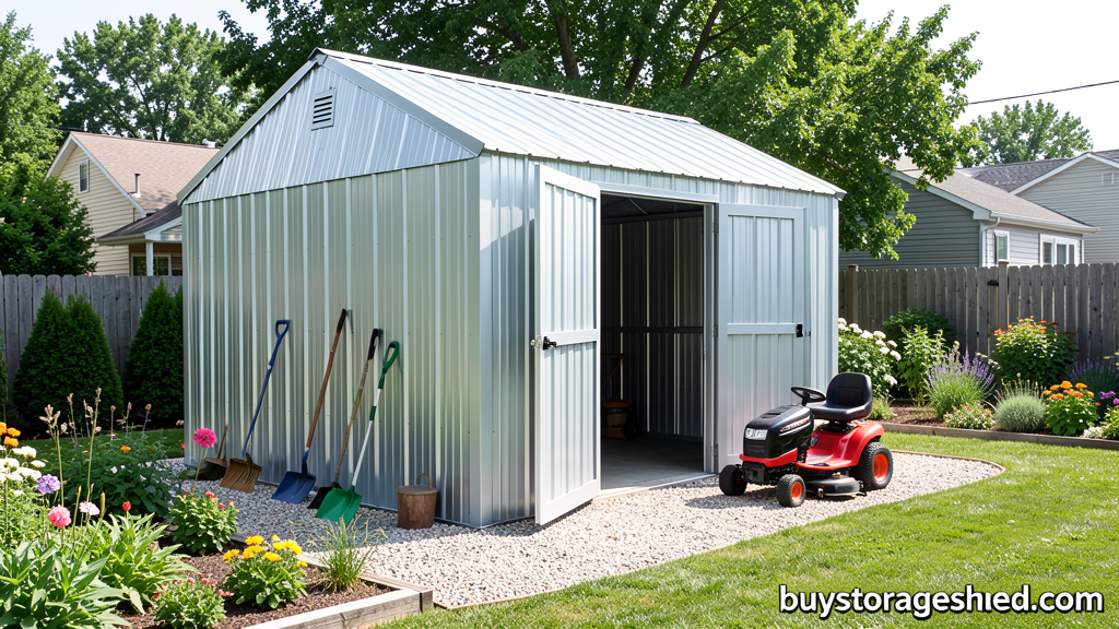 A 6x6 metal storage shed in a backyard with a gravel foundation