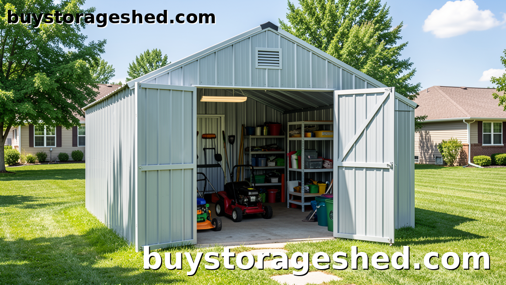 8x12 metal storage shed in backyard with doors open showing tools and shelving
