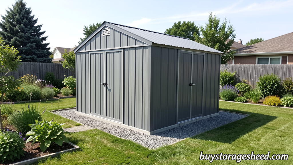 8x12 storage shed in a backyard on a gravel foundation