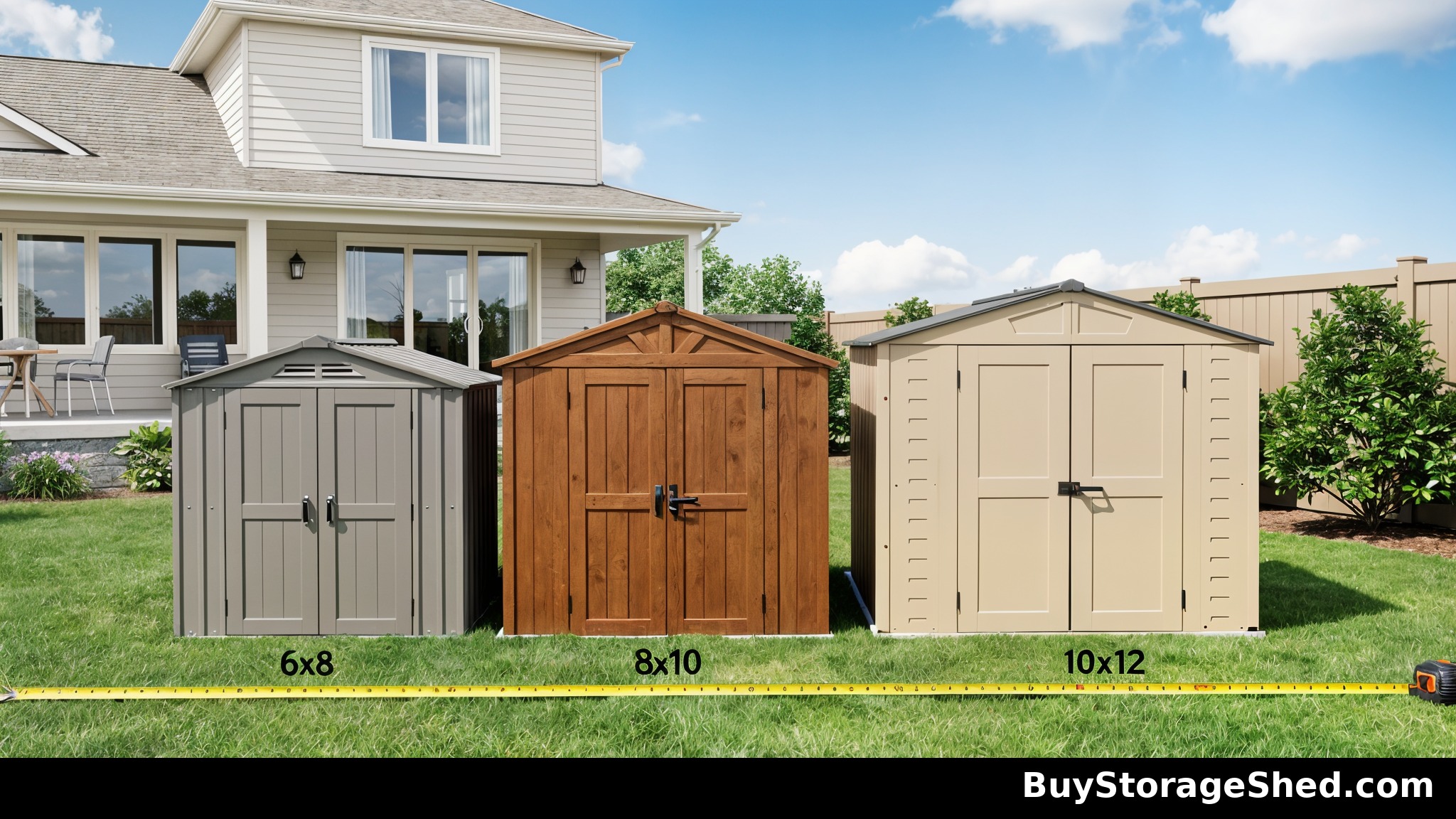 Three storage sheds of different sizes in a backyard with a tape measure showing size comparison