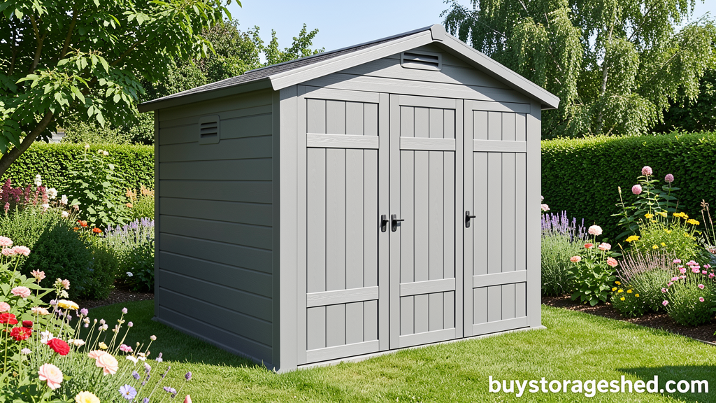 Outdoor plastic storage shed in backyard with garden landscaping