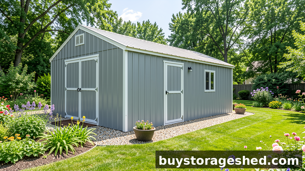 10x12 storage shed with gravel foundation in a sunny backyard