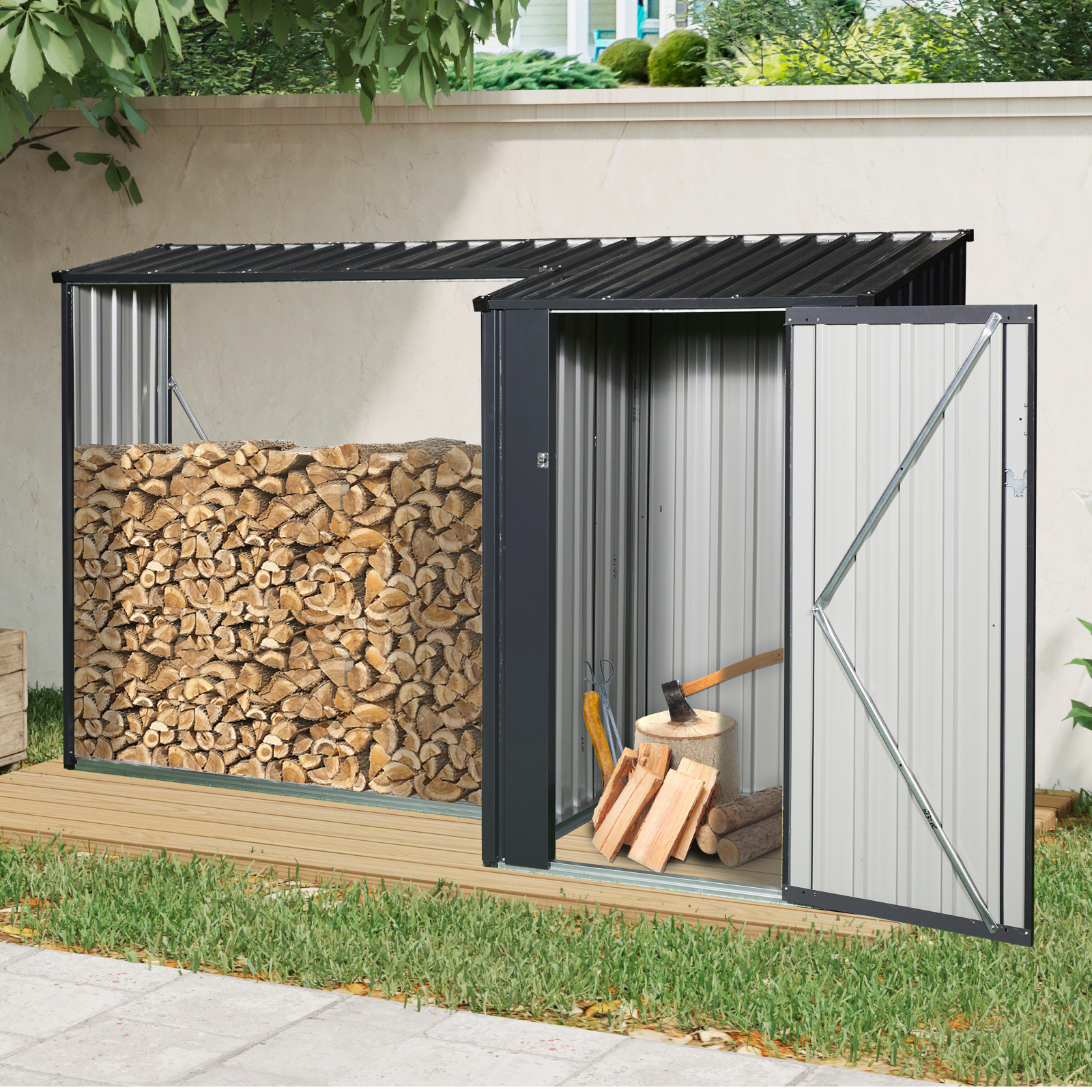 3x8ft Outdoor Metal Firewood Shed