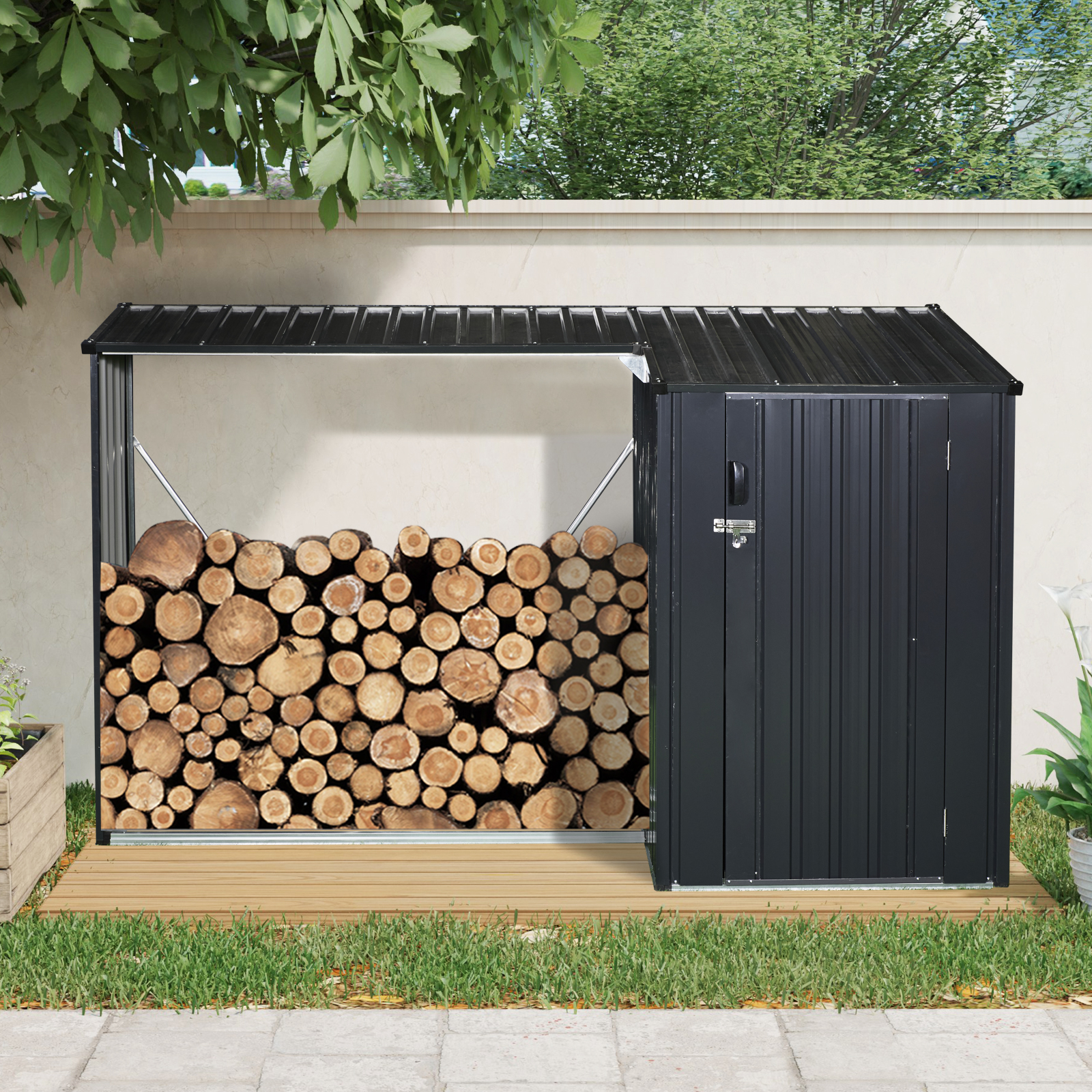3x8ft Outdoor Metal Firewood Shed