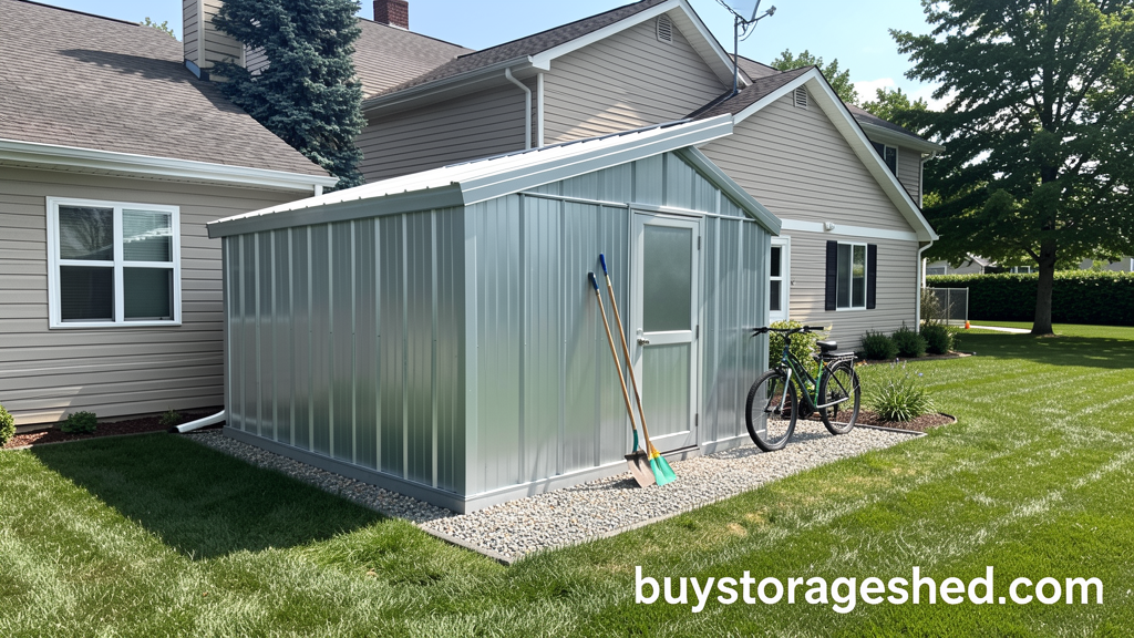 Lean-to storage shed attached to a house with a sloping roof in a backyard