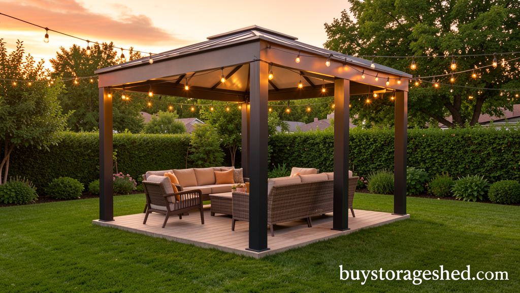 Hardtop metal gazebo in backyard with furniture and string lights