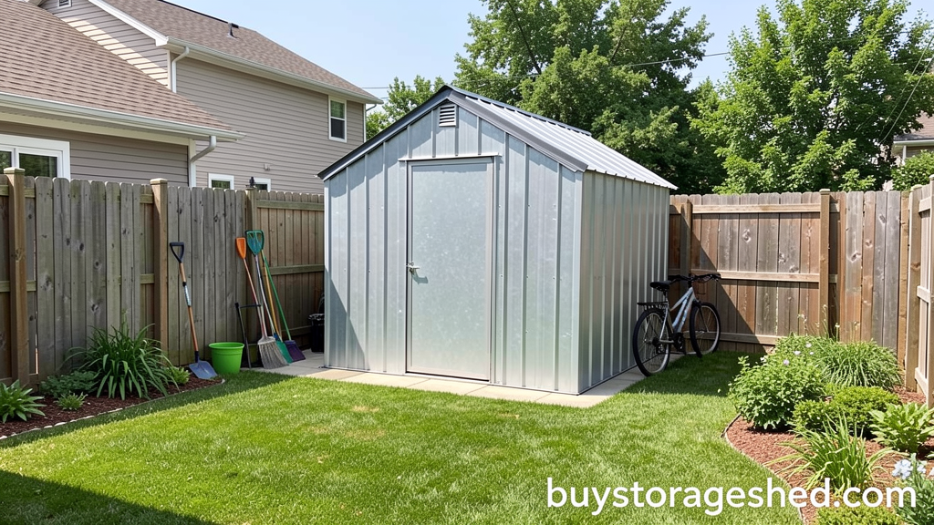 Small 5x3 galvanized metal storage shed in backyard