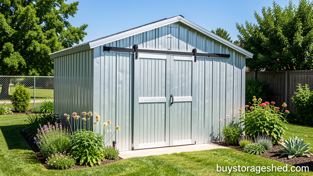 Metal storage shed with sliding door in backyard