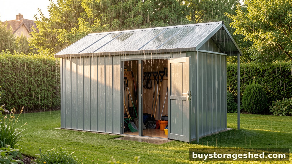 A waterproof metal garden shed in a backyard with rain falling on its roof