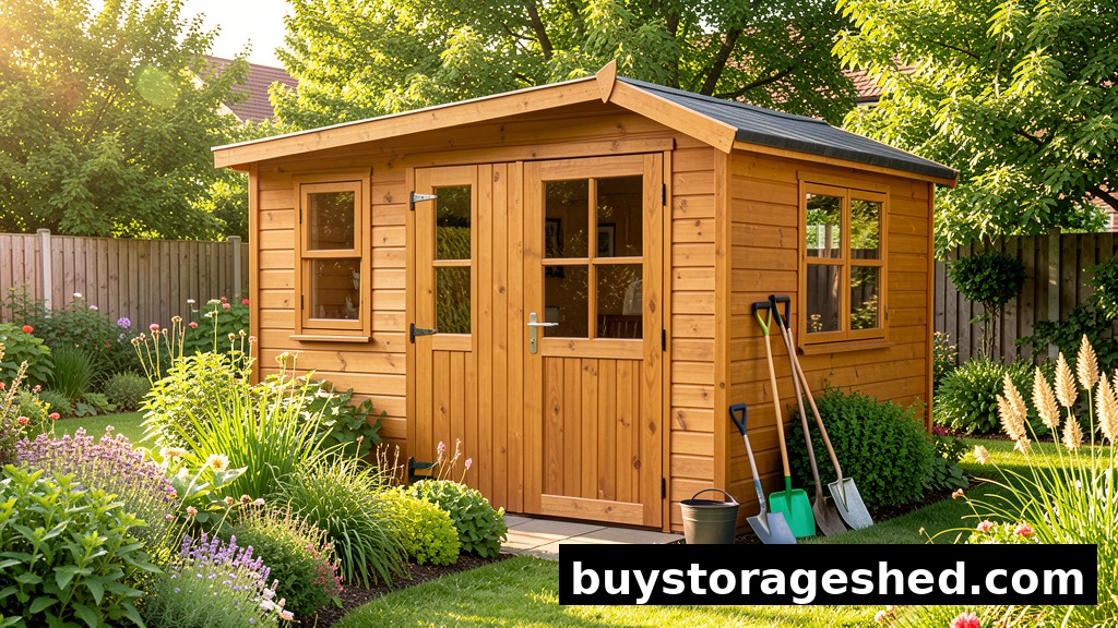 8x6 garden shed in a backyard with landscaping and garden tools