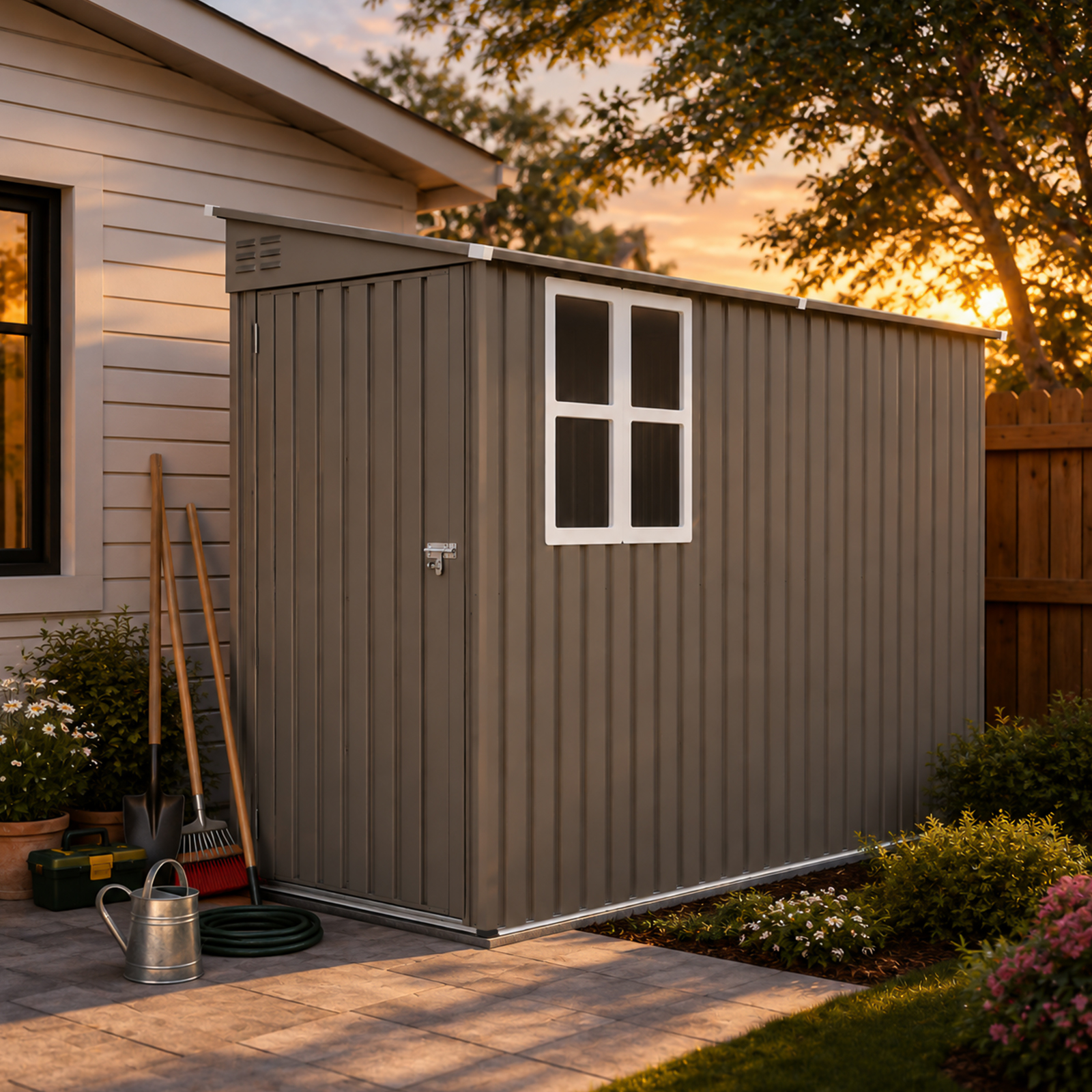 4x9FT Olive Grey Outdoor Metal Storage Shed