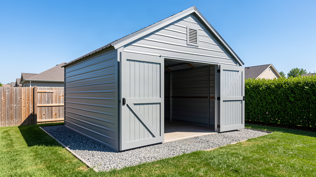 12x16 galvanized steel storage shed in a backyard