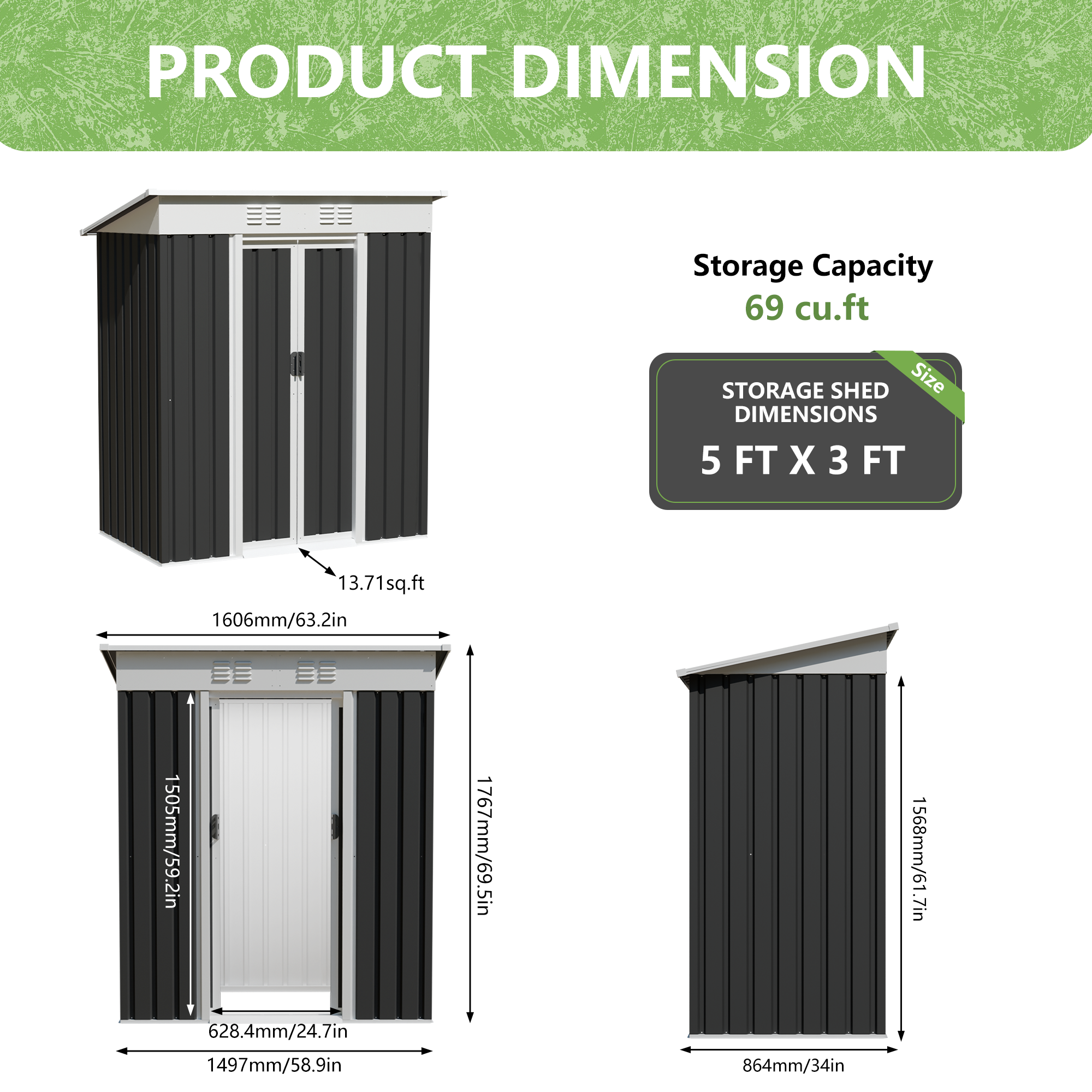 5x3 FT Metal Garden Shed