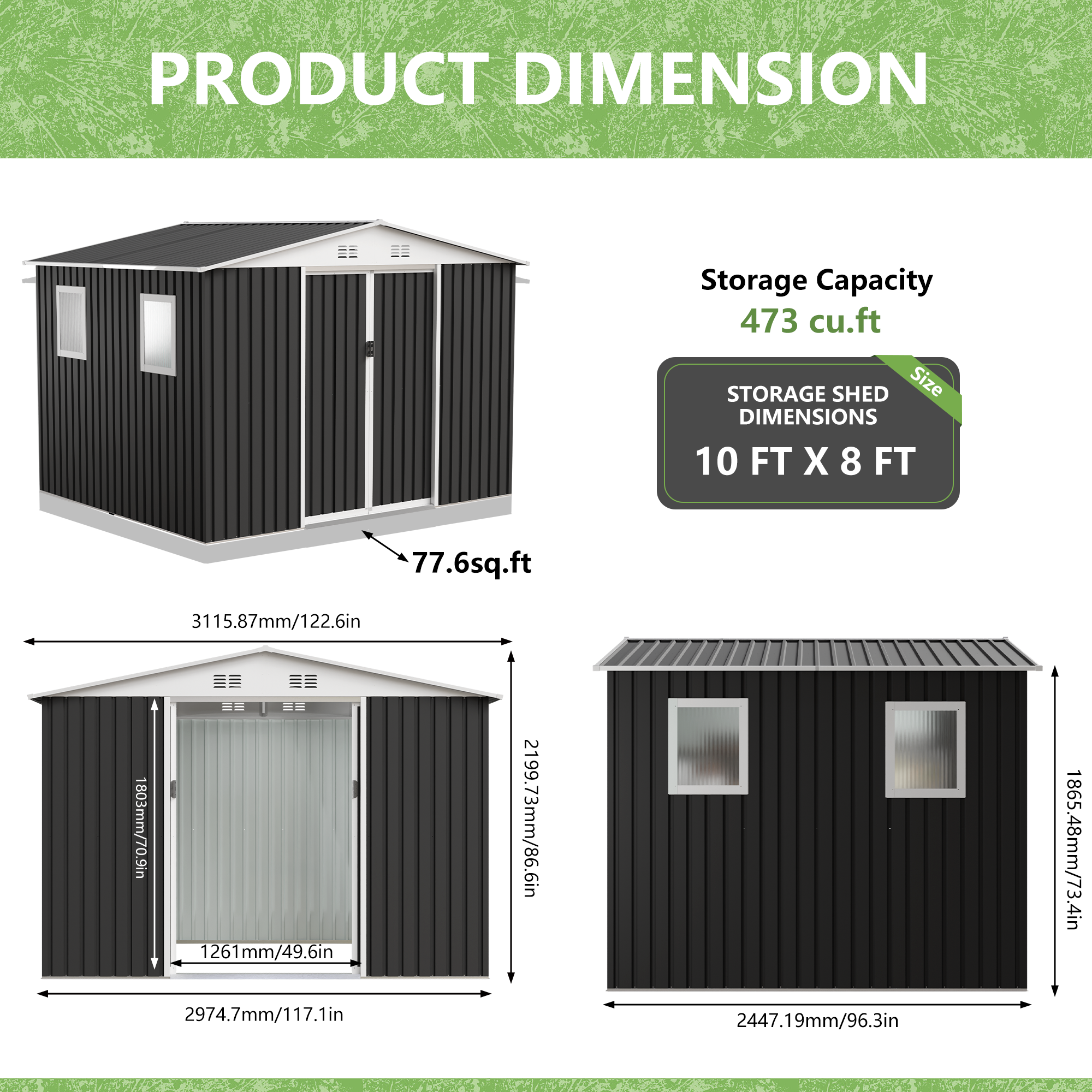 10x8 FT Metal Garden Shed