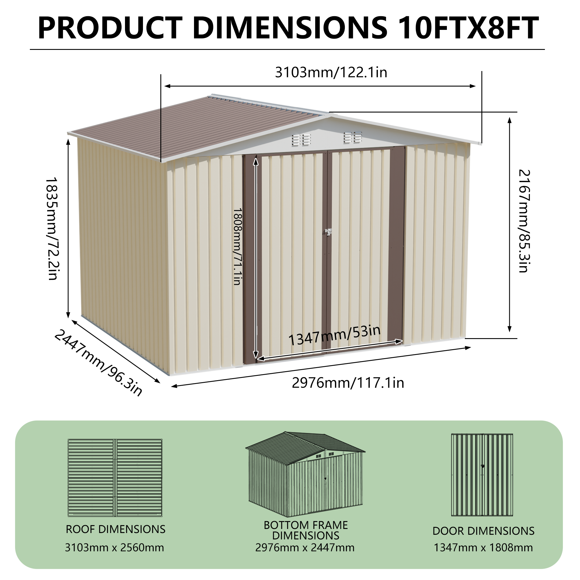10x8 FT Metal Garden Shed with Door