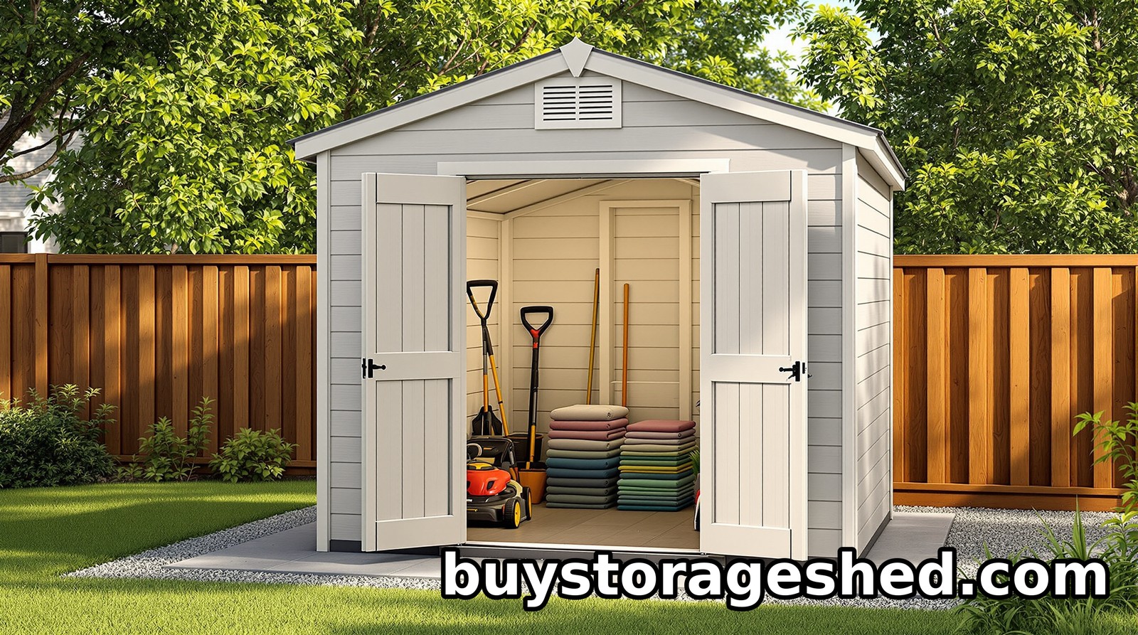 A gray 6x5 resin garden shed with open double doors holding garden tools, stacked patio cushions and a red push mower on a gravel pad beside a lawn