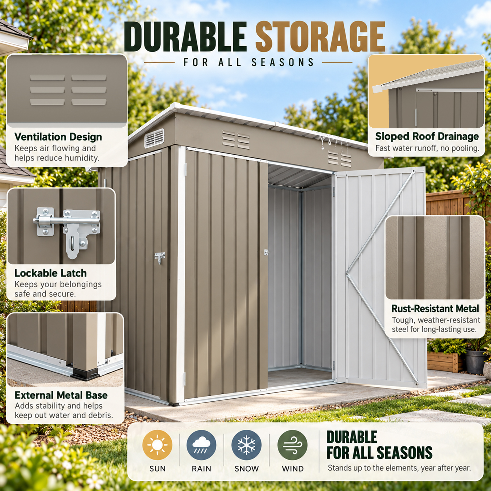4x8 FT Galvanized Steel Outdoor Storage Shed
