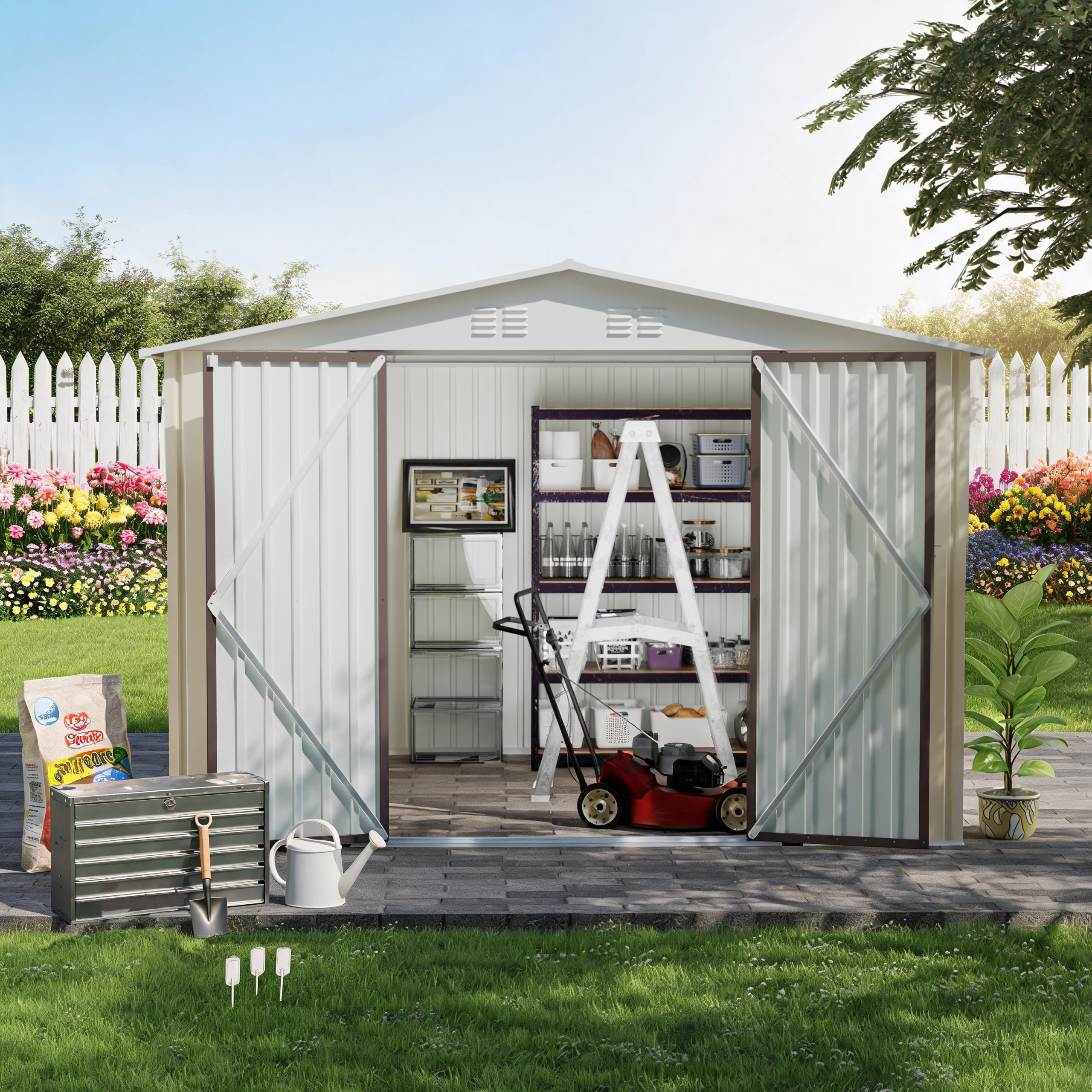 10x8 FT Metal Garden Shed, White