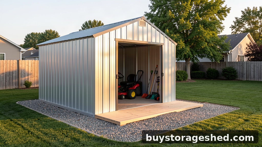 heavy duty metal shed with floor - galvanized steel storage shed with decked floor and riding mower inside