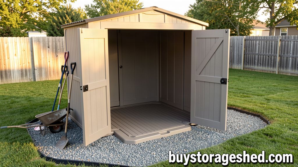 Taupe resin plastic storage shed with a built-in molded floor panel on a leveled gravel base in a backyard