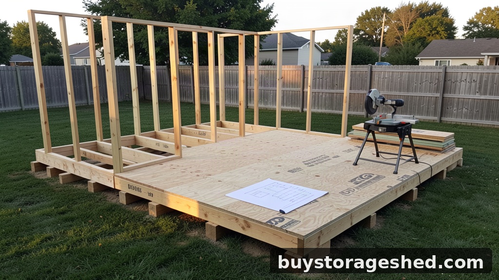 Shed plans with materials list - framed floor and wall panels on a backyard build